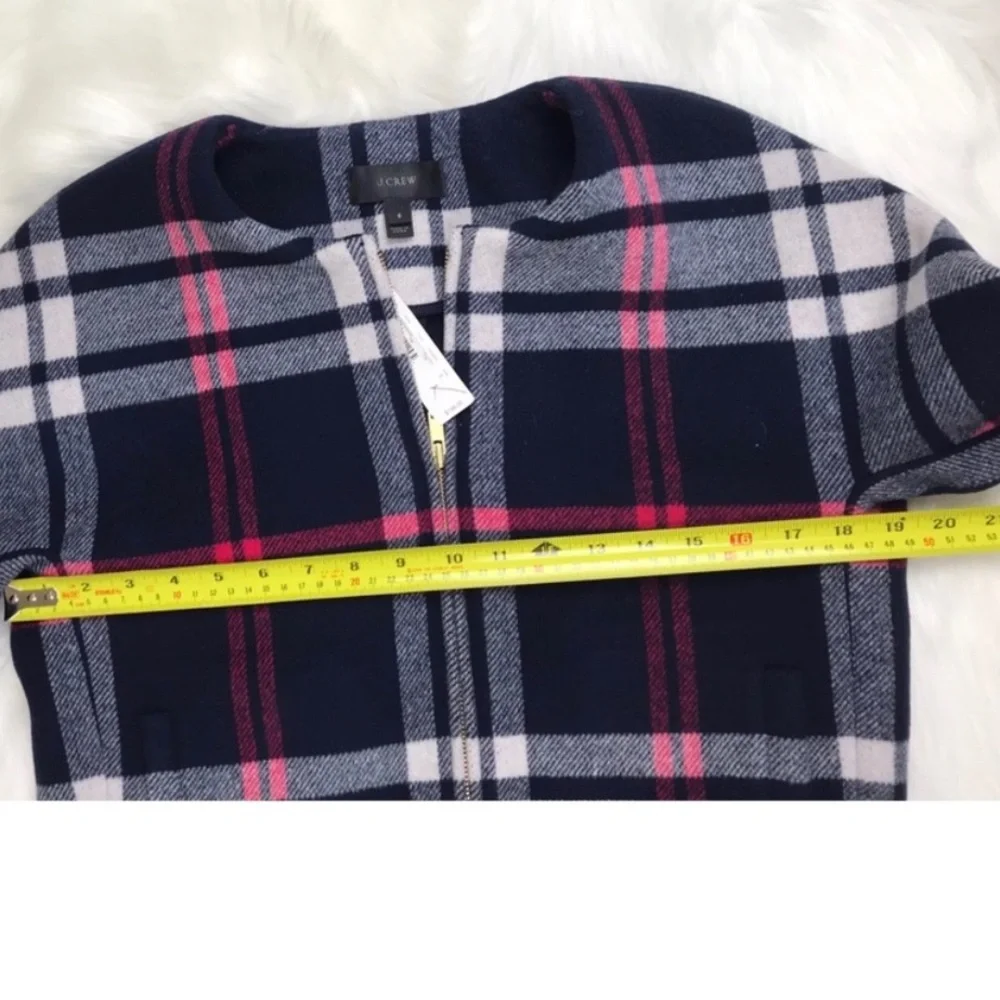 J. Crew Navy Plaid Wool Bomber Jacket with Pink Accents - Picture 5 of 9